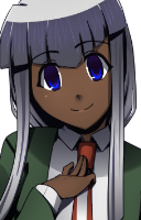 sprite of auma, standing carefree with a hand on her chest. she has long white straight hair tied into two low ponytails, alert blue eyes, and dark skin. she wears a school uniform.