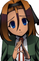 sprite of clara, hunching and pulling herself in with worry. she has orange hair with the bangs tied back with a black ribbon, scared wide blue eyes, and light brown skin. she wears a school uniform.