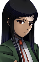 sprite of delilah, crossing her arms with a netural expression. she has long black hair with a few strands of white, unreadable brown eyes, and light brown skin with vitiligo. she wears a school uniform.