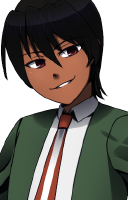 sprite of faust, standing offstandishly with a hand on his hip and a smirk. he has dark auburn hair cut short, sharp brown eyes, and brown skin. he wears a school uniform.