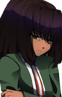 sprite of mercy, defensively holding her arm with dead eyes. she has dark auburn hair partially tied in a ponytail, tired green eyes, and brown skin. she wears a school uniform.