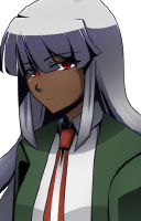 sprite of nyn, standing stiffly to the side. she has long white hair that is unevenly cut, sharp red eyes, and dark skin. she wears a school uniform.