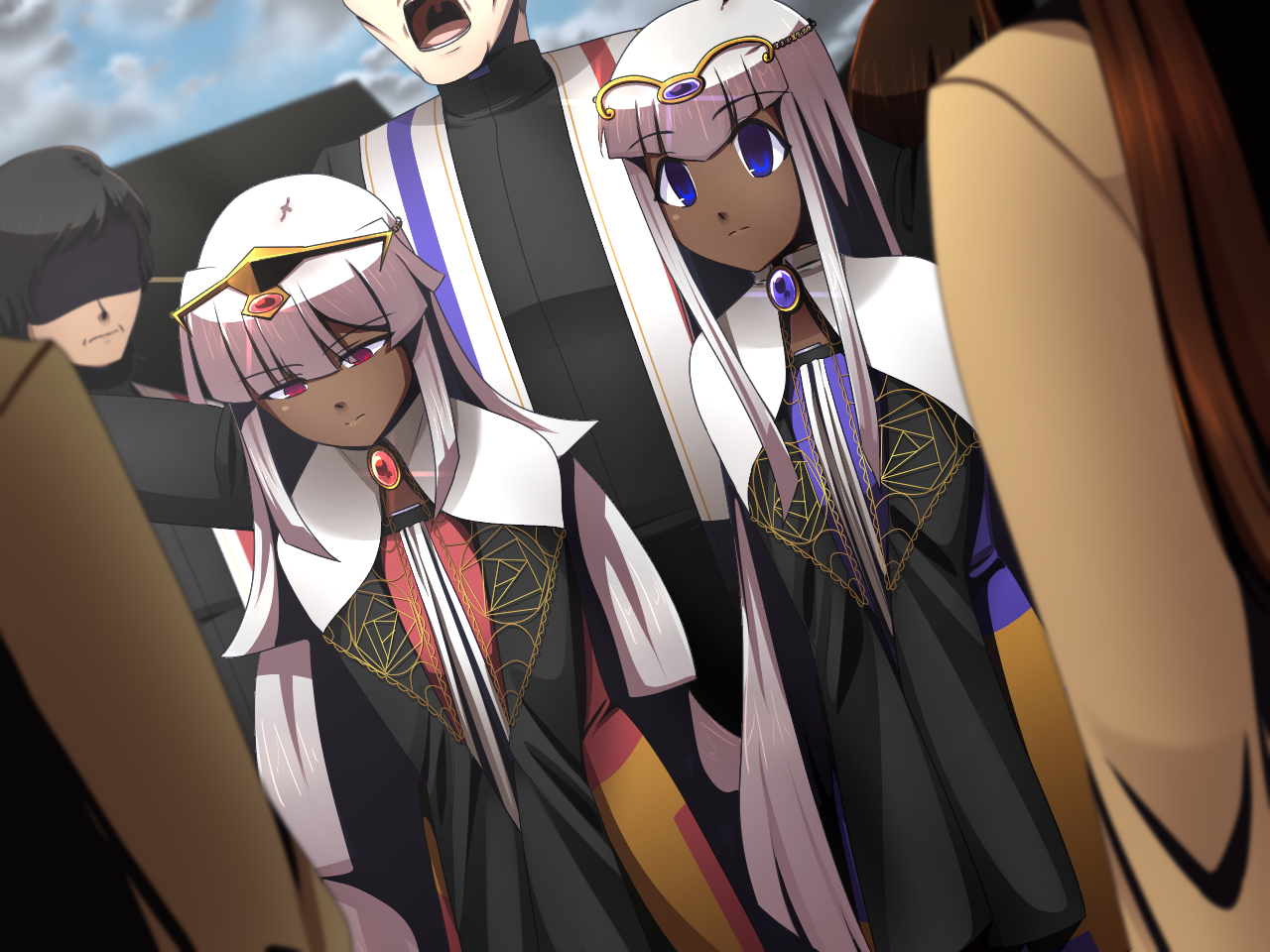 CG of Auma and Nyn standing in a crowd in town while wearing regal holy outfits. They have blank faces. The Head is directly behind them and preaching with arms outstretched.