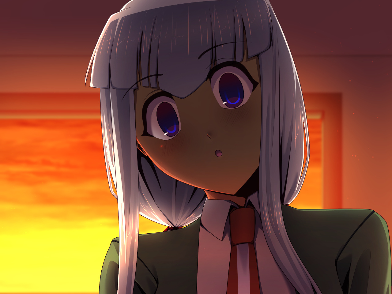 CG of Auma looking down at the viewer while in a classroom in the afternoon. Her eyes are a bit wide and she's blushing.