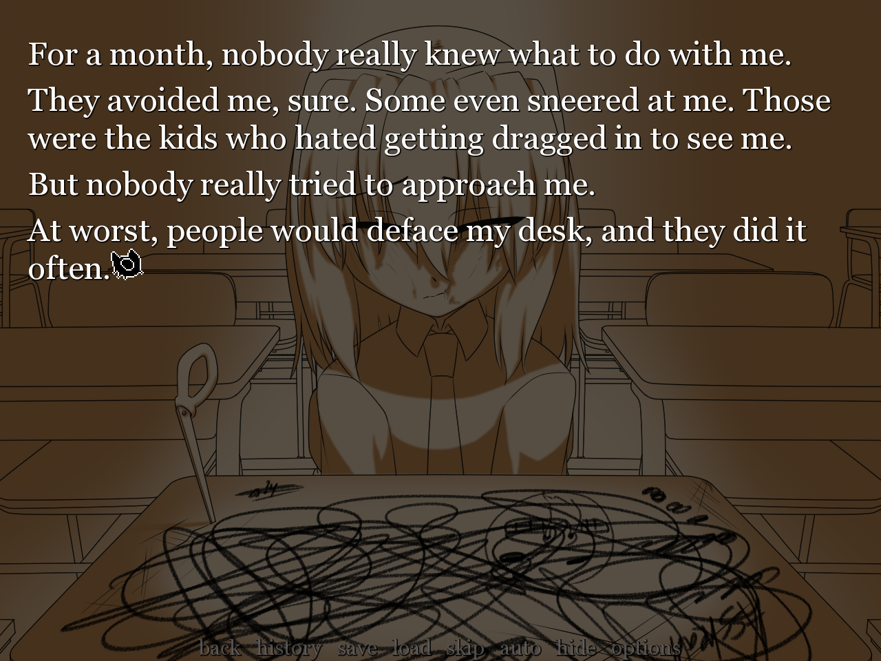 In-game screenshot of a younger Mercy sitting at a defaced desk with a bruised and injured face. In-game text reads: For a month, nobody really knew what to do with me. They avoided me, sure. Some even sneered at me. Those were the kids who hated getting dragged in to see me. But nobody really tried to approach me. At worst, people would deface my desk, and they did it often.