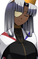 sprite of yiea, smiling peacefully and standing like a statue. she has long white straight hair, one shut eye and one eye covered by a tan eyepatch, and dark skin. she wears a religious dress and a golden crown.