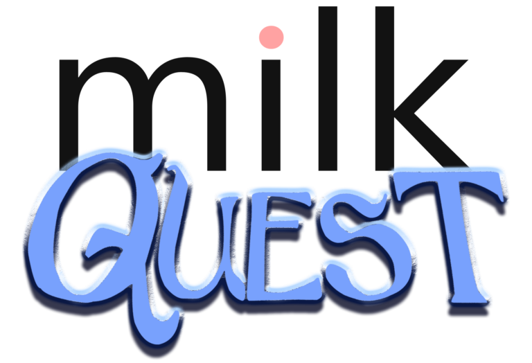 milkquest logo, which has the milk part of the milk plus visual logo on top and a gaudy blue QUEST underneath