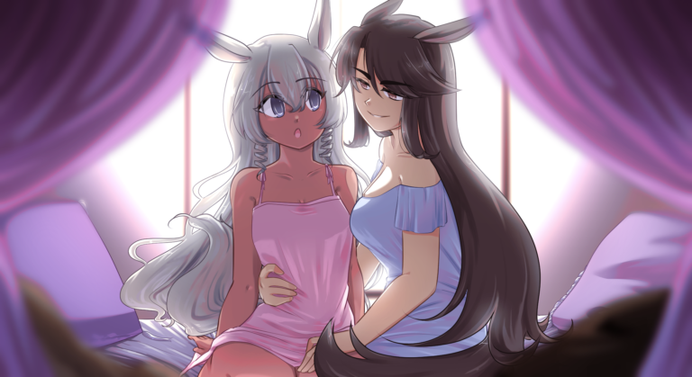 magenta and monochrome sitting next to each other early in the morning with horse ears and tails