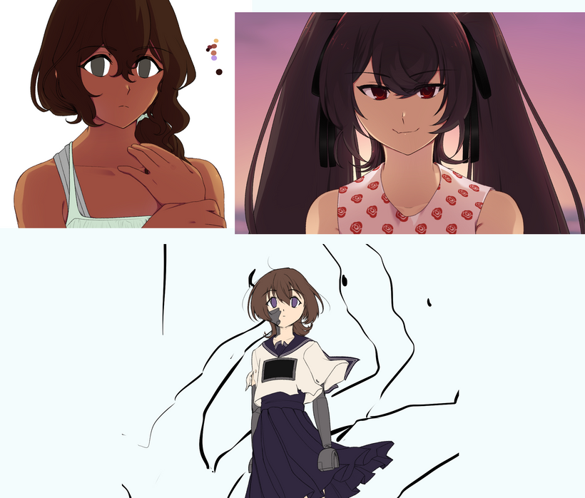 diana and yulia sprite WIPs; key art wip of merope standing in front of a tree