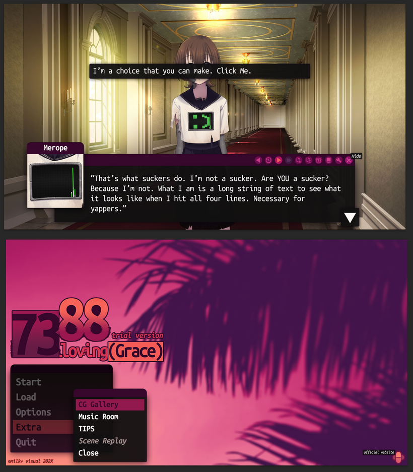 user interface WIPs for 7388's ingame textbox and main menu