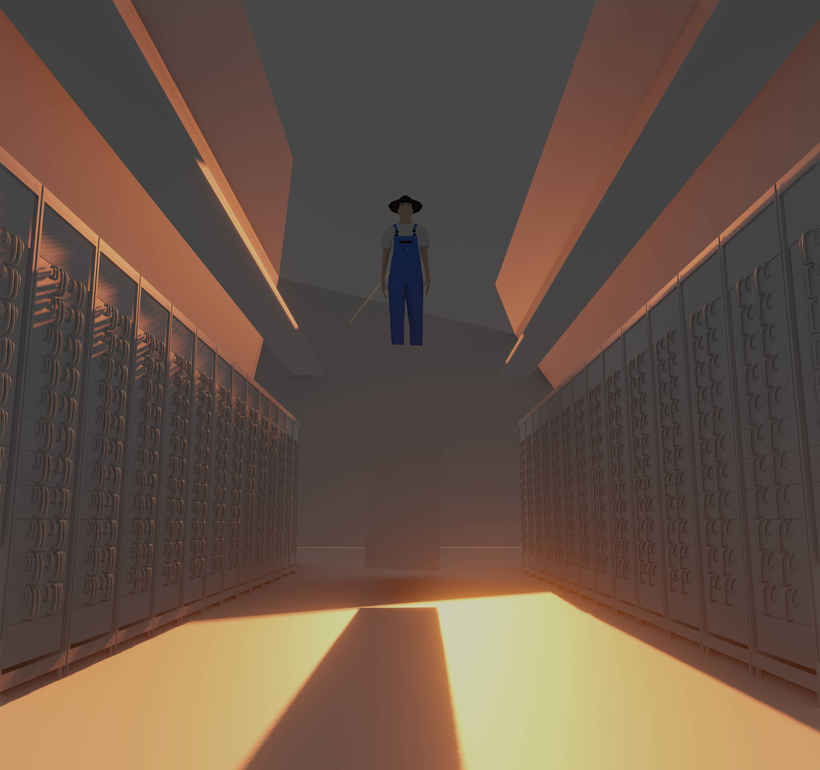 a low poly farmer man standing on a rectangle in a 3d space