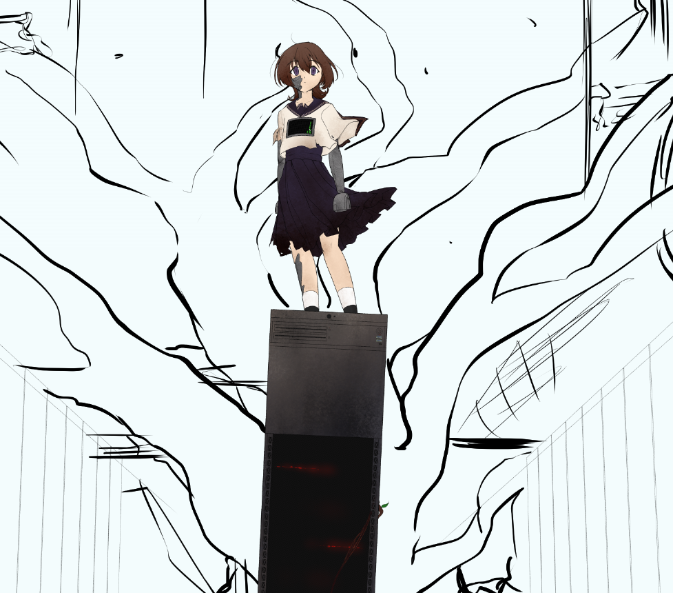 WIP of 7388 key art featuring merope standing on rhode in an AI datacenter overrun by nature
